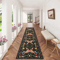 Garvee Butterfly Floral Runner Rug for Hallway 2x6 Farmhouse Carpet Runner, Stain-Resistant Thin Bedside Rug, Vintage Print Indoor Floor Carpet for Kitchen, Laundry Room, Bedroom, Black