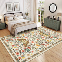Garvee Farmhouse Dining Room Rug 9x12 Ultra-Soft Low Pile Floor Mats with Non-Slip Backing, Butterfly Floral Bedroom Carpet, Foldable Ultra-Thin Indoor Rug, Easy to Clean, for Living Room, Office, Beige