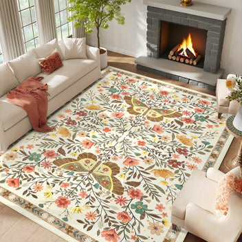 Garvee Washable Rug for Living Room 10x13 Large Farmhouse Butterfly Floral Indoor Rug, Non-Shedding Low Pile Dining Room Carpet, Vintage Soft Floor Mats for Bedroom, Kitchen, Office, Beige