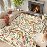 Garvee Farmhouse Dining Room Rug 9x12 Ultra-Soft Low Pile Floor Mats with Non-Slip Backing, Butterfly Floral Bedroom Carpet, Foldable Ultra-Thin Indoor Rug, Easy to Clean, for Living Room, Office, Beige - Beige