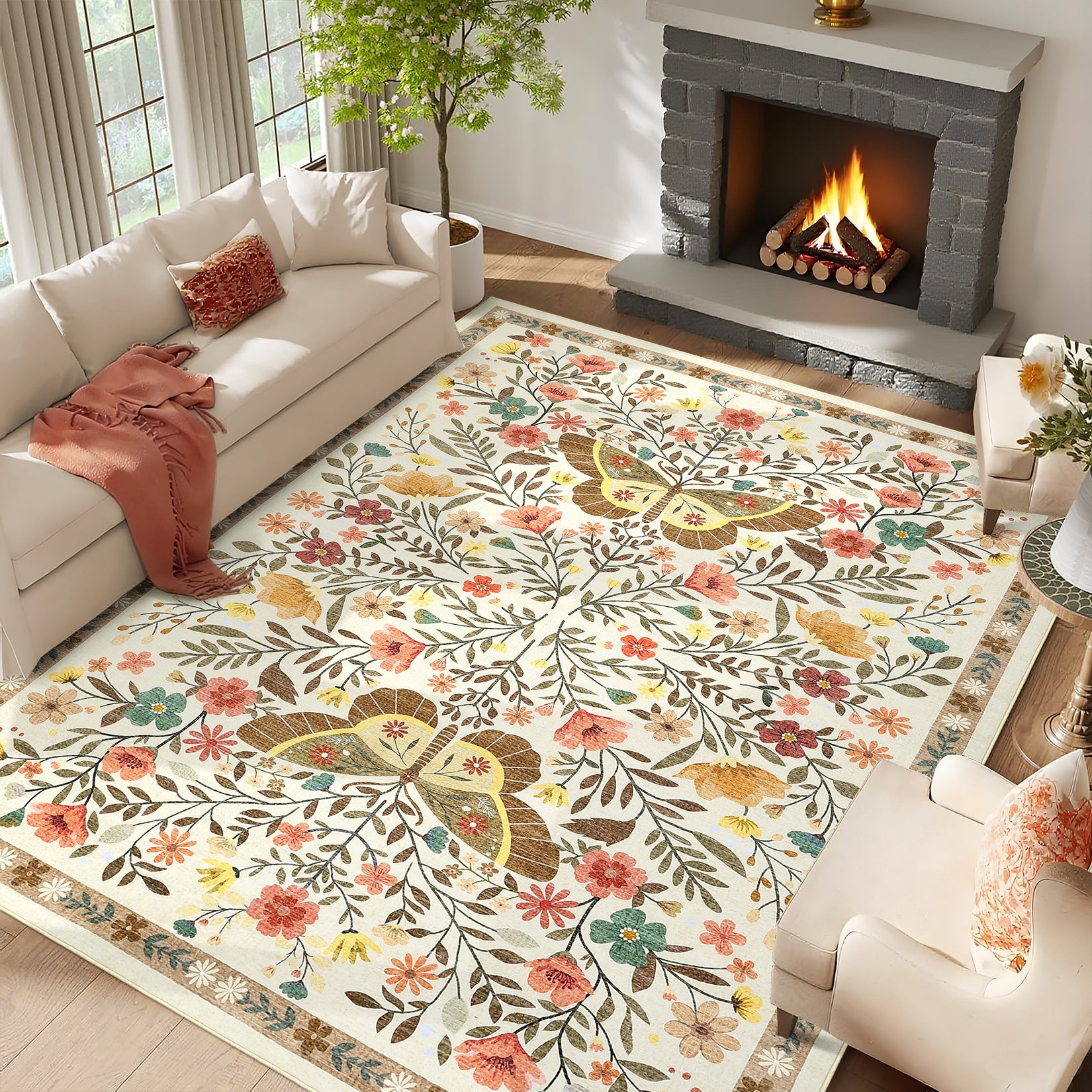 Garvee Farmhouse Dining Room Rug 9x12 Ultra-Soft Low Pile Floor Mats with Non-Slip Backing, Butterfly Floral Bedroom Carpet, Foldable Ultra-Thin Indoor Rug, Easy to Clean, for Living Room, Office, Beige