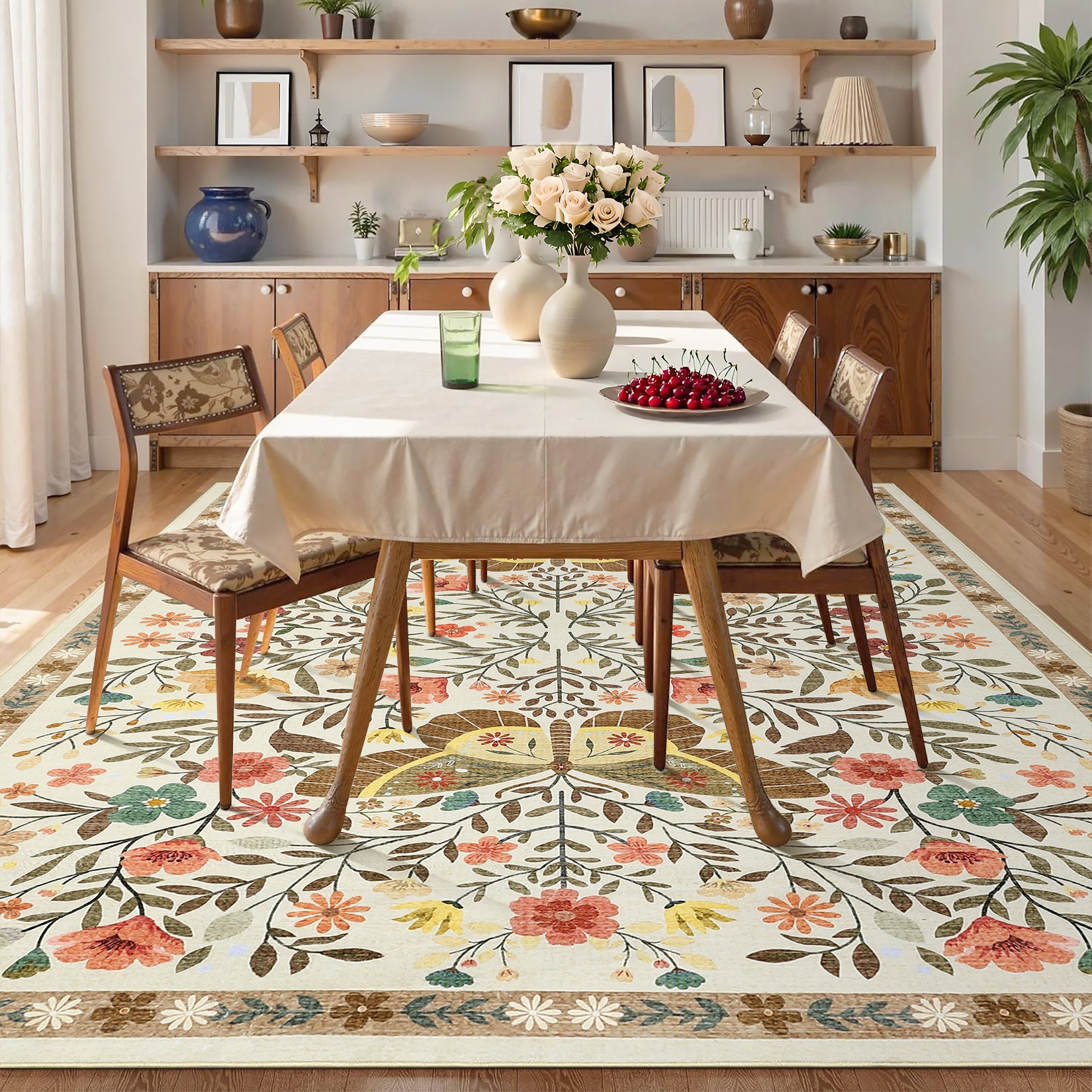 Garvee Farmhouse Dining Room Rug 9x12 Ultra-Soft Low Pile Floor Mats with Non-Slip Backing, Butterfly Floral Bedroom Carpet, Foldable Ultra-Thin Indoor Rug, Easy to Clean, for Living Room, Office, Beige
