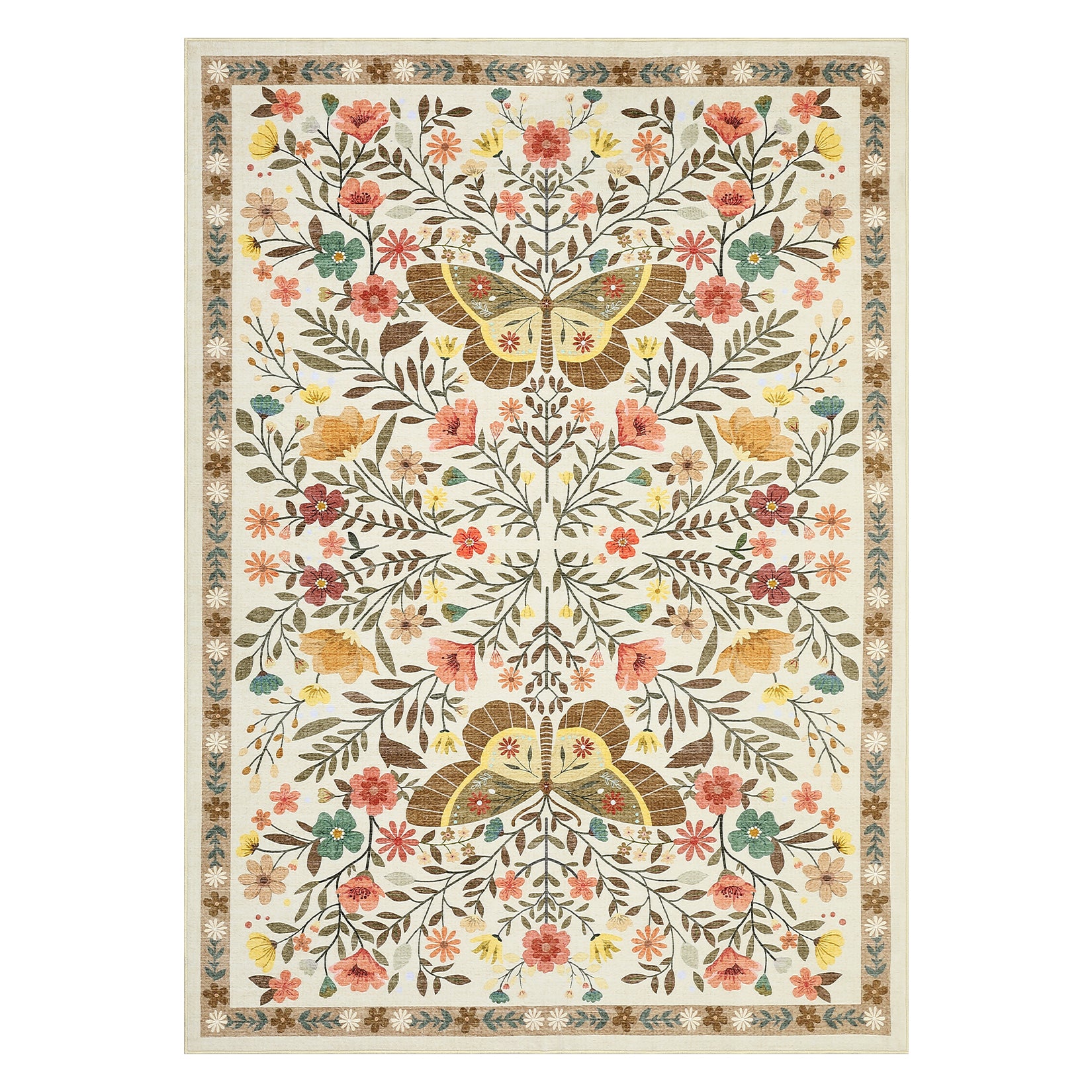 Garvee Farmhouse Dining Room Rug 9x12 Ultra-Soft Low Pile Floor Mats with Non-Slip Backing, Butterfly Floral Bedroom Carpet, Foldable Ultra-Thin Indoor Rug, Easy to Clean, for Living Room, Office, Beige