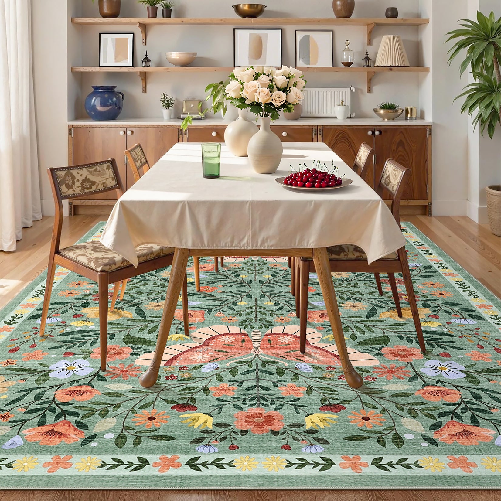 Garvee Washable Farmhouse Rug Non-Slip Floral Butterfly Bedroom Carpet, Stain-Resistant Ultra-Soft Low Pile Floor Rug, Easy Cleaning Foldable Indoor Mat for Living Room, Kitchen, Office