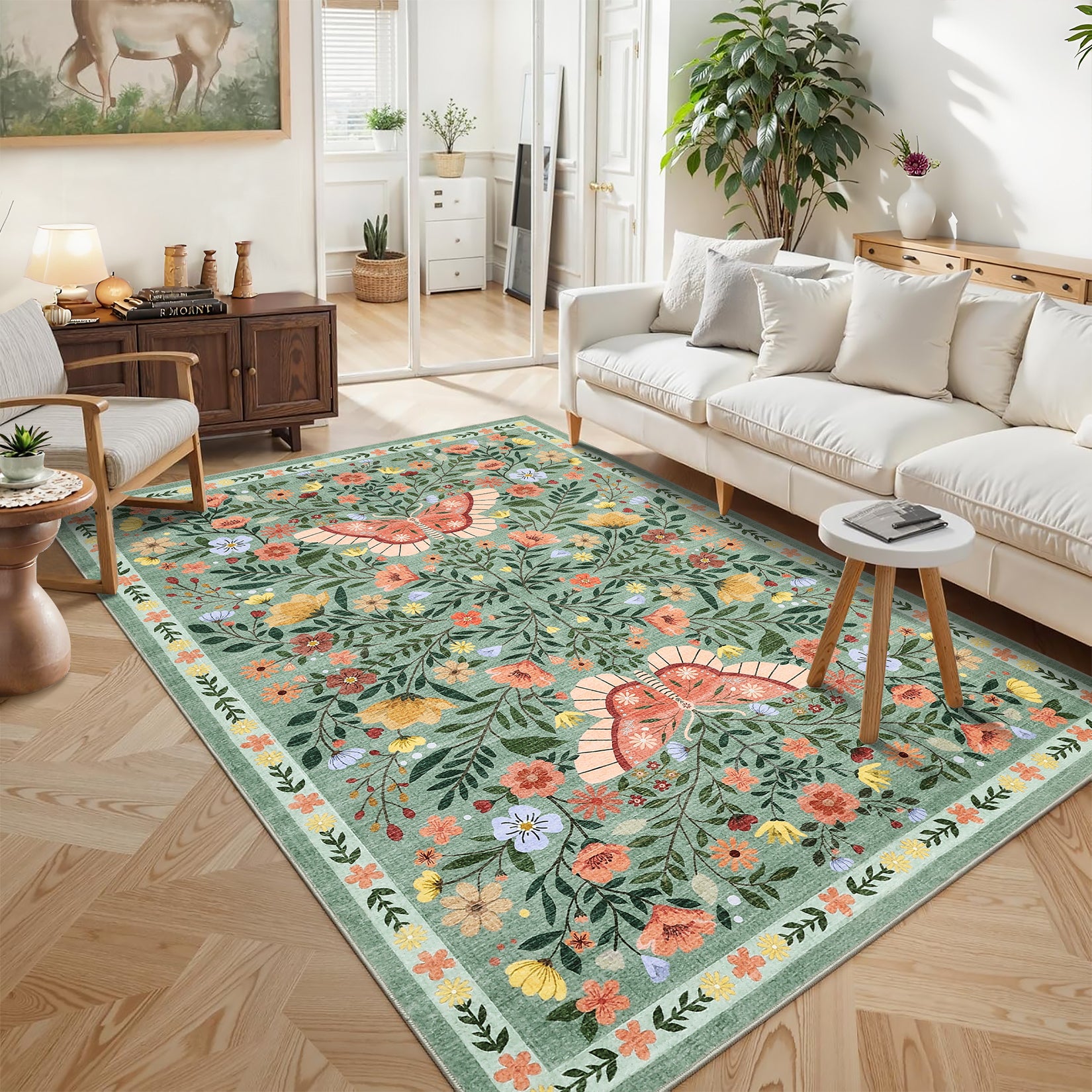Garvee Farmhouse Area Rug for Living Room 4x6 Vintage Throw Carpet with Non-Slip Backing, Non-Shedding Butterfly Floral Indoor Rug, Machine Washable Floor Mats for Bedroom, Kitchen, Green