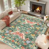 Garvee Washable Farmhouse Rug Non-Slip Floral Butterfly Bedroom Carpet, Stain-Resistant Ultra-Soft Low Pile Floor Rug, Easy Cleaning Foldable Indoor Mat for Living Room, Kitchen, Office - Green