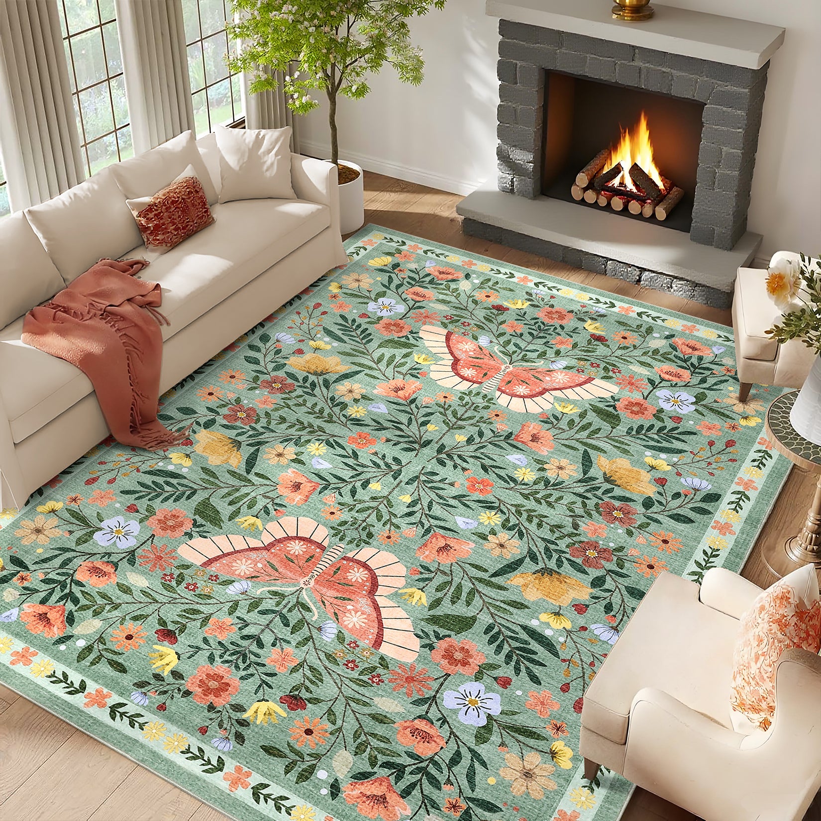 Garvee Washable Farmhouse Rug Non-Slip Floral Butterfly Bedroom Carpet, Stain-Resistant Ultra-Soft Low Pile Floor Rug, Easy Cleaning Foldable Indoor Mat for Living Room, Kitchen, Office