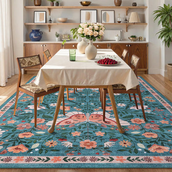 Garvee Washable Farmhouse Rug 5x7 Non-Slip Floral Butterfly Bedroom Carpet, Stain-Resistant Ultra-Soft Low Pile Floor Rug, Easy Cleaning Foldable Indoor Mat for Living Room, Kitchen, Office, Blue