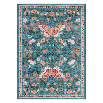Garvee Washable Rug for Living Room 10x13 Large Farmhouse Butterfly Floral Indoor Rug, Non-Shedding Low Pile Dining Room Carpet, Vintage Soft Floor Mats for Bedroom, Kitchen, Office, Blue