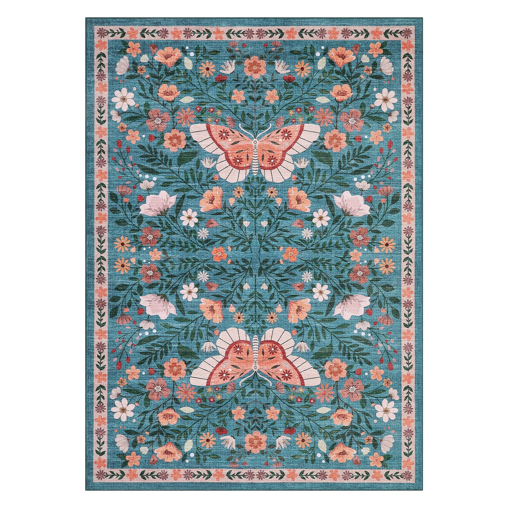 Garvee Washable Farmhouse Rug 5x7 Non-Slip Floral Butterfly Bedroom Carpet, Stain-Resistant Ultra-Soft Low Pile Floor Rug, Easy Cleaning Foldable Indoor Mat for Living Room, Kitchen, Office, Blue