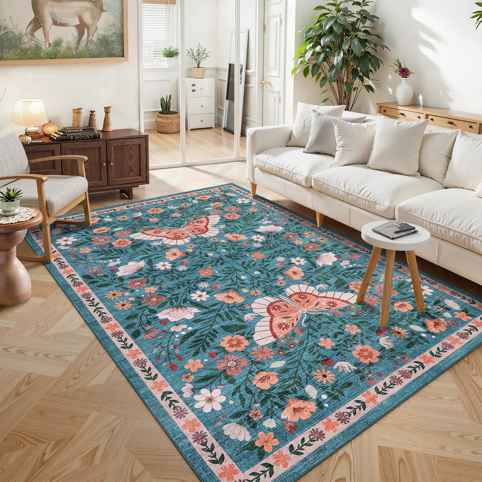 Garvee Washable Farmhouse Rug 5x7 Non-Slip Floral Butterfly Bedroom Carpet, Stain-Resistant Ultra-Soft Low Pile Floor Rug, Easy Cleaning Foldable Indoor Mat for Living Room, Kitchen, Office, Blue