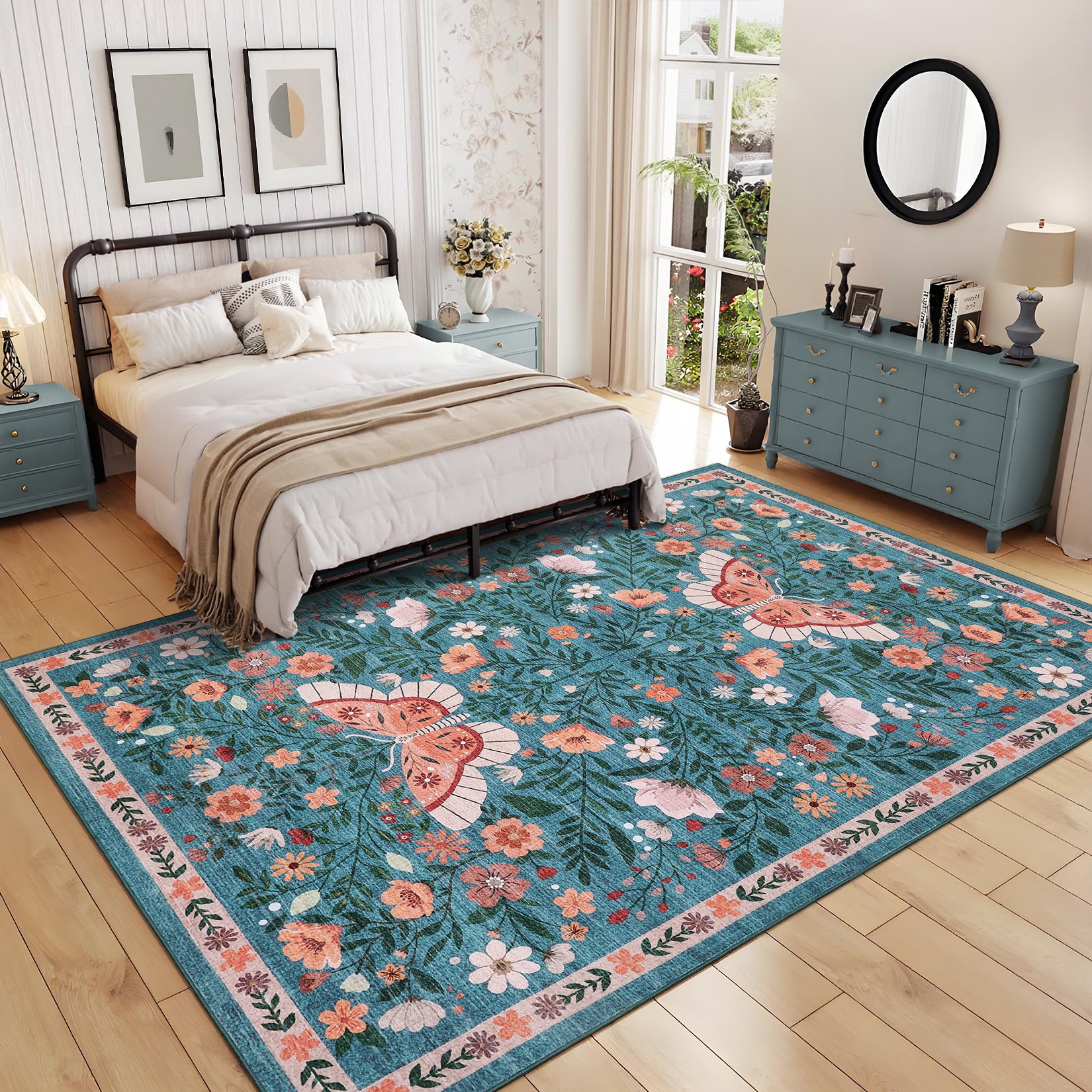 Garvee Washable Farmhouse Rug 5x7 Non-Slip Floral Butterfly Bedroom Carpet, Stain-Resistant Ultra-Soft Low Pile Floor Rug, Easy Cleaning Foldable Indoor Mat for Living Room, Kitchen, Office, Blue