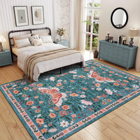 Garvee Washable Farmhouse Rug 5x7 Non-Slip Floral Butterfly Bedroom Carpet, Stain-Resistant Ultra-Soft Low Pile Floor Rug, Easy Cleaning Foldable Indoor Mat for Living Room, Kitchen, Office, Blue