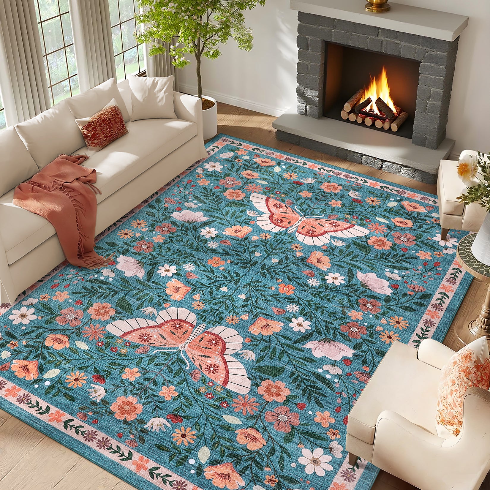 Garvee Washable Farmhouse Rug 5x7 Non-Slip Floral Butterfly Bedroom Carpet, Stain-Resistant Ultra-Soft Low Pile Floor Rug, Easy Cleaning Foldable Indoor Mat for Living Room, Kitchen, Office, Blue