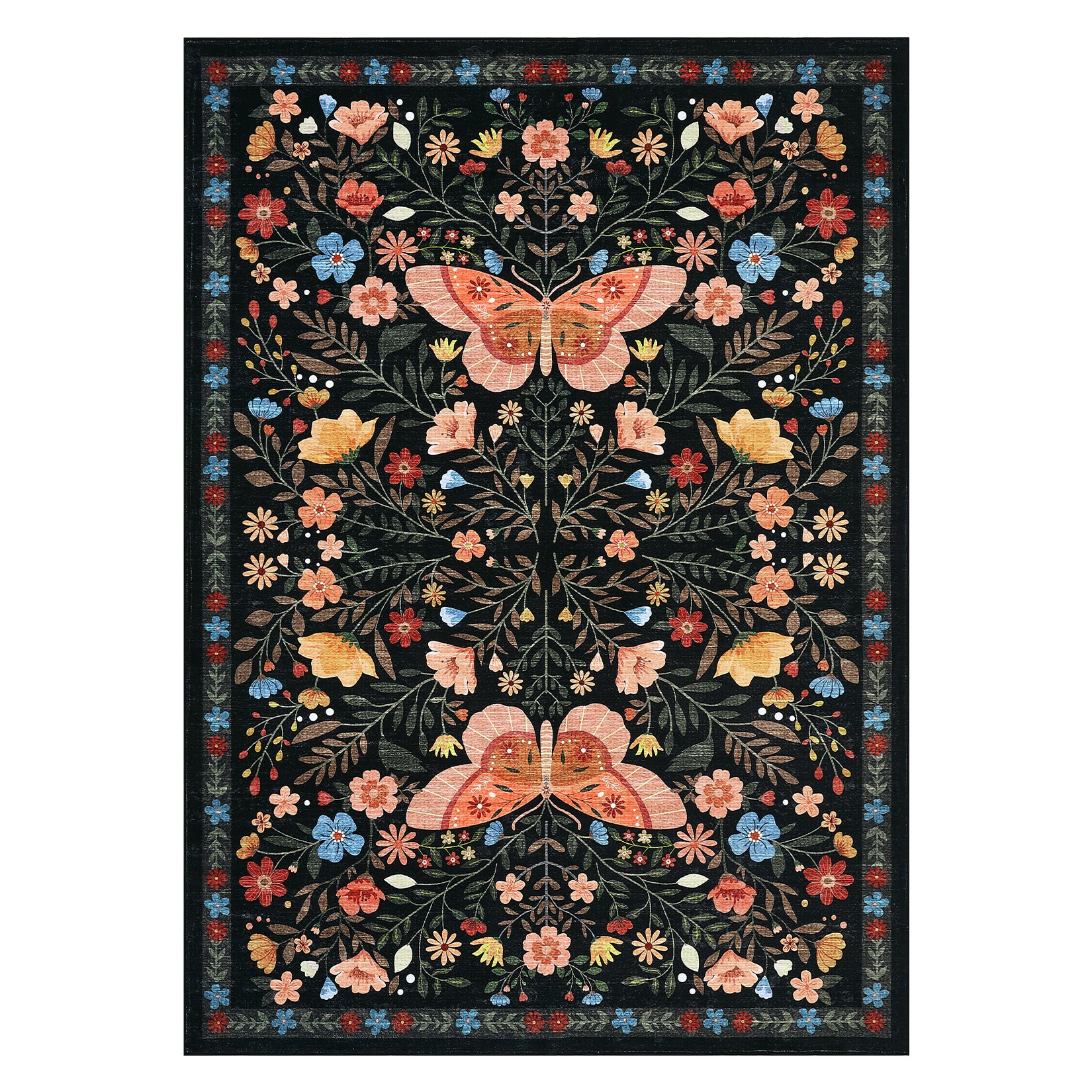 Garvee Large Rug for Bedroom 8x10 Farmhouse Floral Butterfly Living Room Carpet, Non-Slip Foldable Indoor Floor Mats, Machine Washable Low Pile Accent Rug for Dining Room, Kitchen, Office, Black