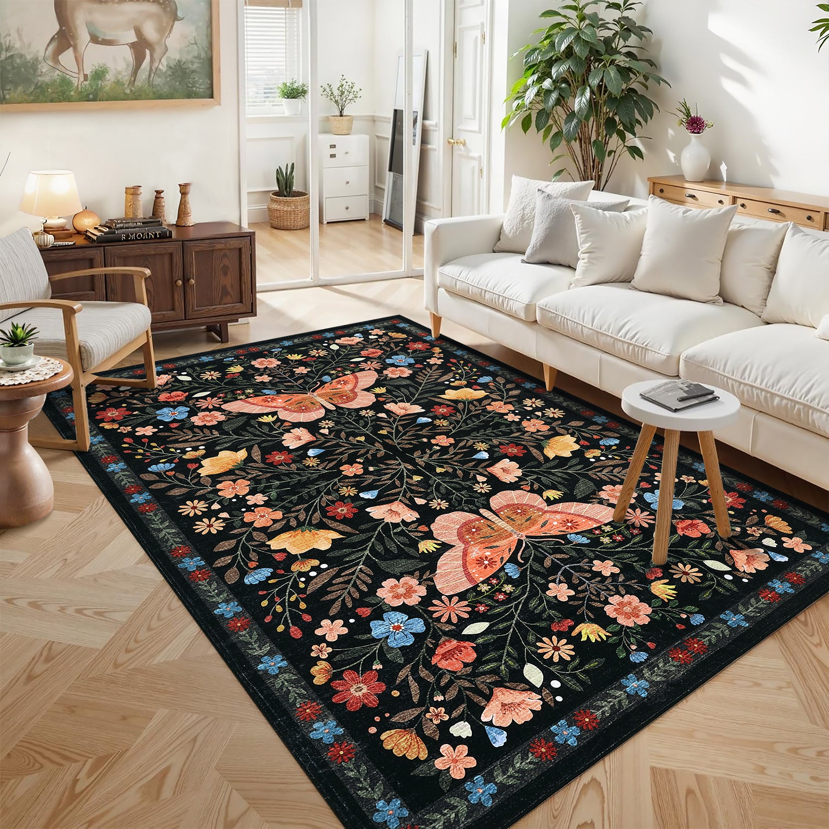 Garvee Large Rug for Bedroom 8x10 Farmhouse Floral Butterfly Living Room Carpet, Non-Slip Foldable Indoor Floor Mats, Machine Washable Low Pile Accent Rug for Dining Room, Kitchen, Office, Black