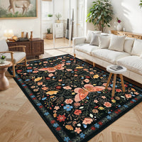 Garvee Large Rug for Bedroom 8x10 Farmhouse Floral Butterfly Living Room Carpet, Non-Slip Foldable Indoor Floor Mats, Machine Washable Low Pile Accent Rug for Dining Room, Kitchen, Office, Black