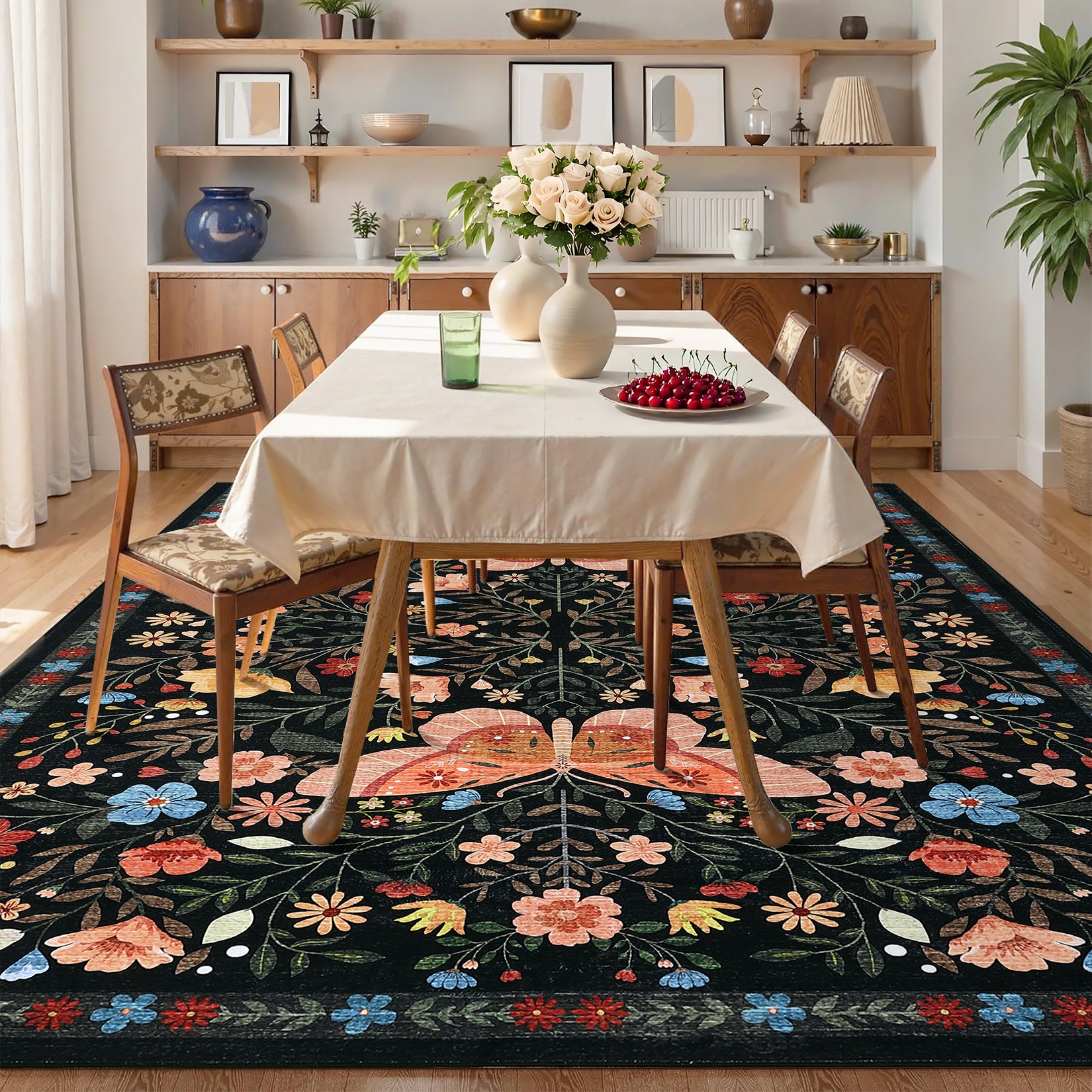Garvee Large Rug for Bedroom 8x10 Farmhouse Floral Butterfly Living Room Carpet, Non-Slip Foldable Indoor Floor Mats, Machine Washable Low Pile Accent Rug for Dining Room, Kitchen, Office, Black
