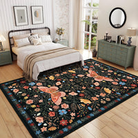 Garvee Large Rug for Bedroom 8x10 Farmhouse Floral Butterfly Living Room Carpet, Non-Slip Foldable Indoor Floor Mats, Machine Washable Low Pile Accent Rug for Dining Room, Kitchen, Office, Black