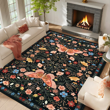 Garvee Large Rug for Bedroom 8x10 Farmhouse Floral Butterfly Living Room Carpet, Non-Slip Foldable Indoor Floor Mats, Machine Washable Low Pile Accent Rug for Dining Room, Kitchen, Office, Black
