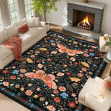 Garvee Large Rug for Bedroom 8x10 Farmhouse Floral Butterfly Living Room Carpet, Non-Slip Foldable Indoor Floor Mats, Machine Washable Low Pile Accent Rug for Dining Room, Kitchen, Office, Black - Black