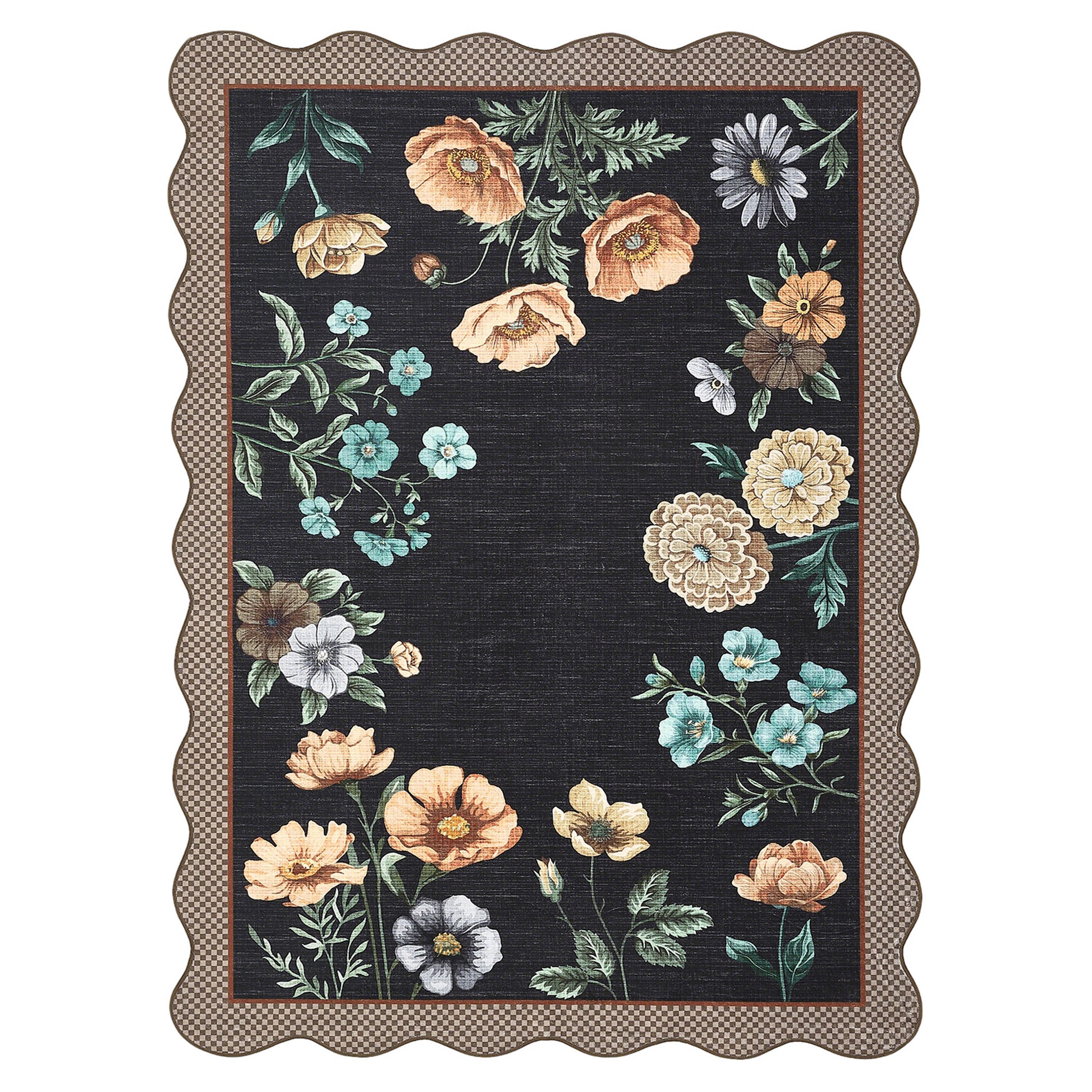 Garvee Floral Black 8x10 Area Rug Botanical Print Ultra Thin Non Slip TPE Rubber Backing Washable Living Room Bedroom Playroom