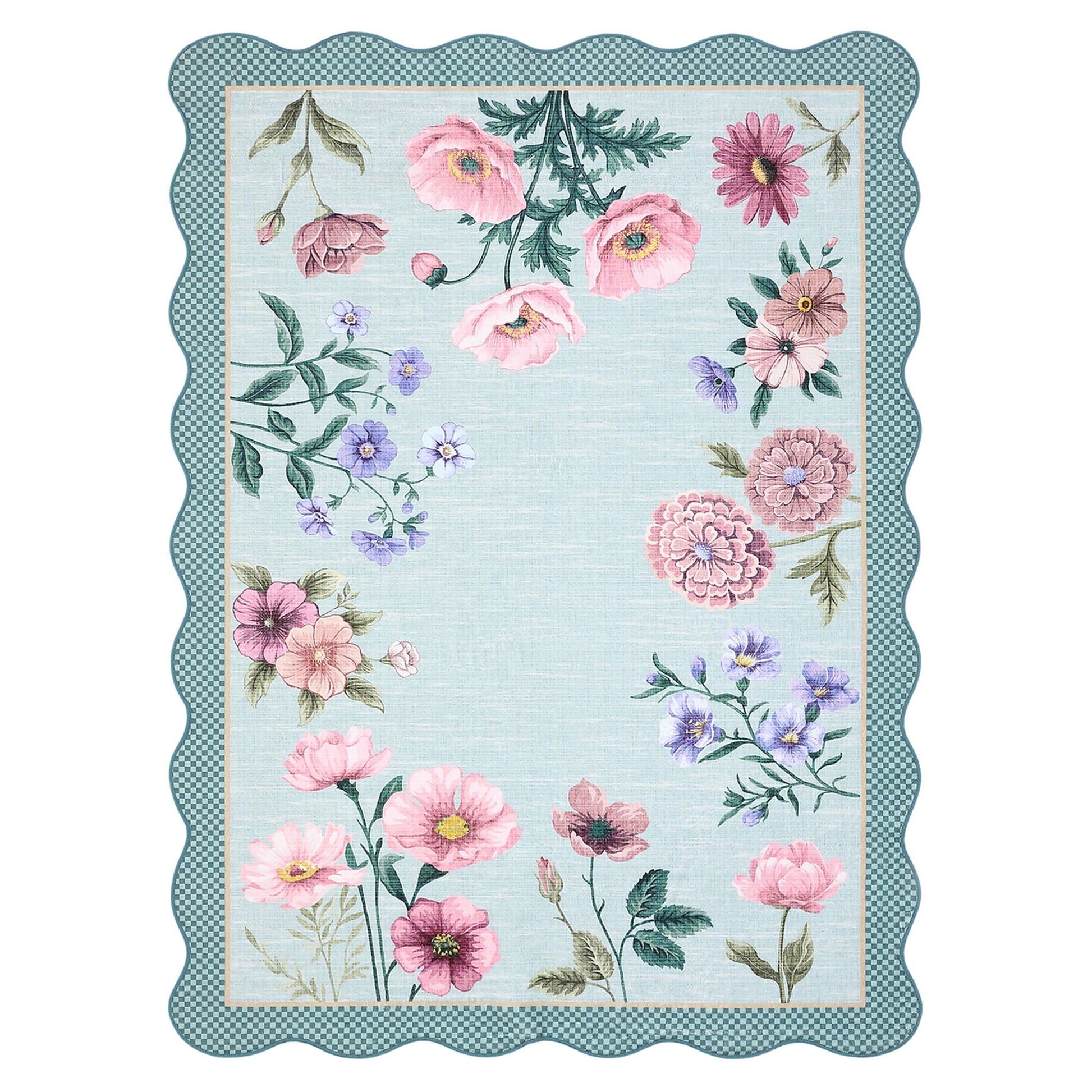 Garvee 10' x 13' Blue Floral Washable Area Rug, Non-Slip Botanical Rug with Scalloped Edges, Soft Low-Pile Rug for Living Room, Nursery & Playroom