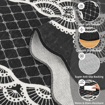 Garvee Scalloped Black 8x10 Washable Area Rug, Modern Neutral Living Room Rugs Large Scalloped Farmhouse Rug Abstract Bordered Carpet for Bedroom Apartment Table Dorm Nursery