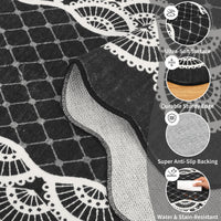 Garvee Scalloped Black 2x6 Runner Rug Washable Non Slip Stain Resistant Low Pile Faux Wool for Kitchen Bathroom Entryway