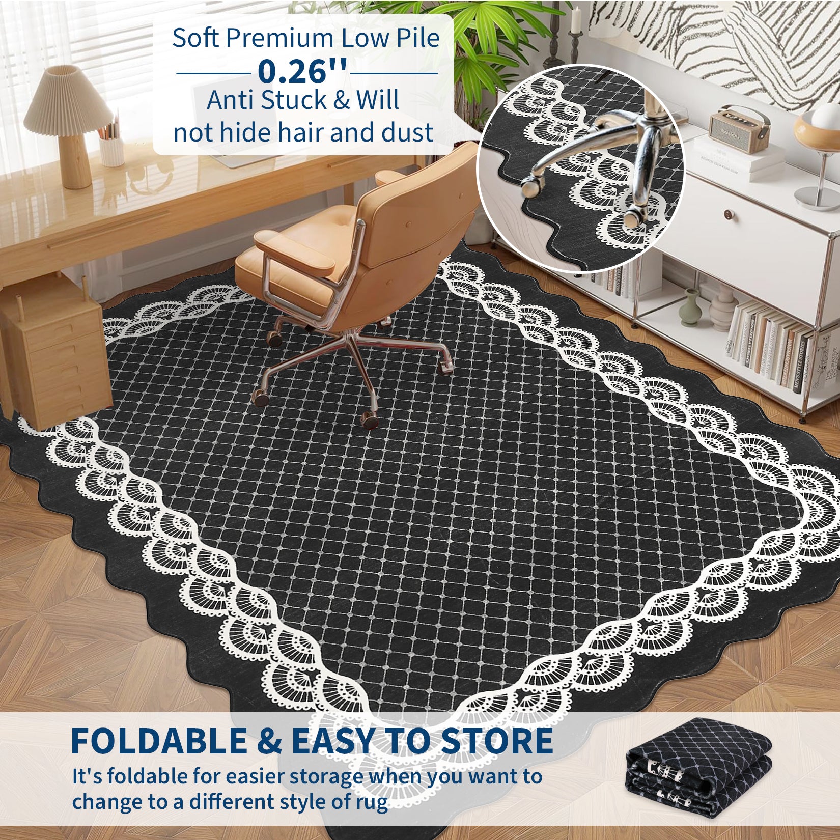 Garvee Scalloped Black 2x6 Runner Rug Washable Non Slip Stain Resistant Low Pile Faux Wool for Kitchen Bathroom Entryway