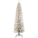 Garvee 7.5ft Flocked Pencil Christmas Tree with Lights, Slim Prelit Artificial Tree, Snowy PVC Branch Tips, Metal Stand, Easy Assembly, Ideal for Apartments & Entryways - Style 1
