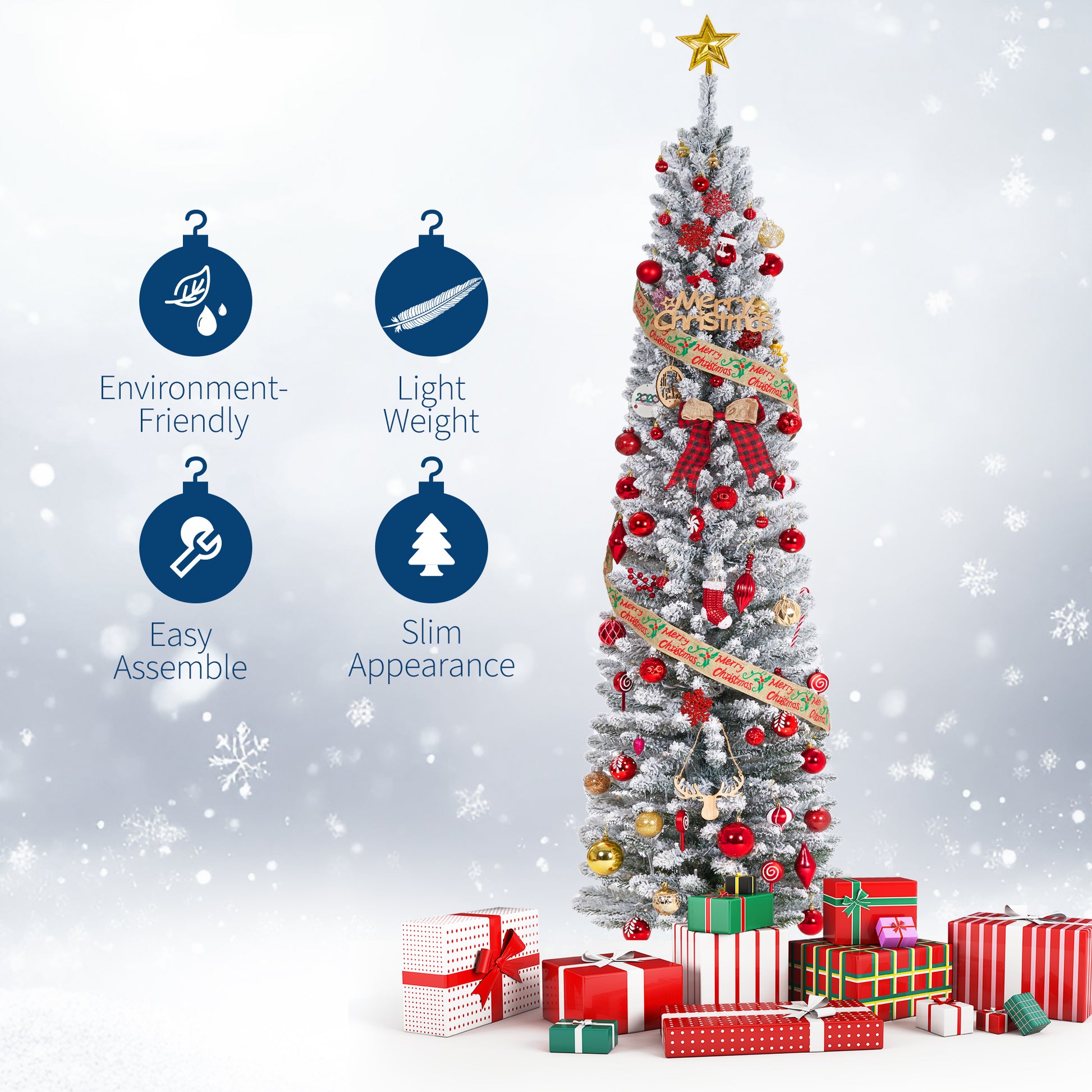 Garvee 7.5ft Flocked Pencil Christmas Tree with Lights, Slim Prelit Artificial Tree, Snowy PVC Branch Tips, Metal Stand, Easy Assembly, Ideal for Apartments & Entryways