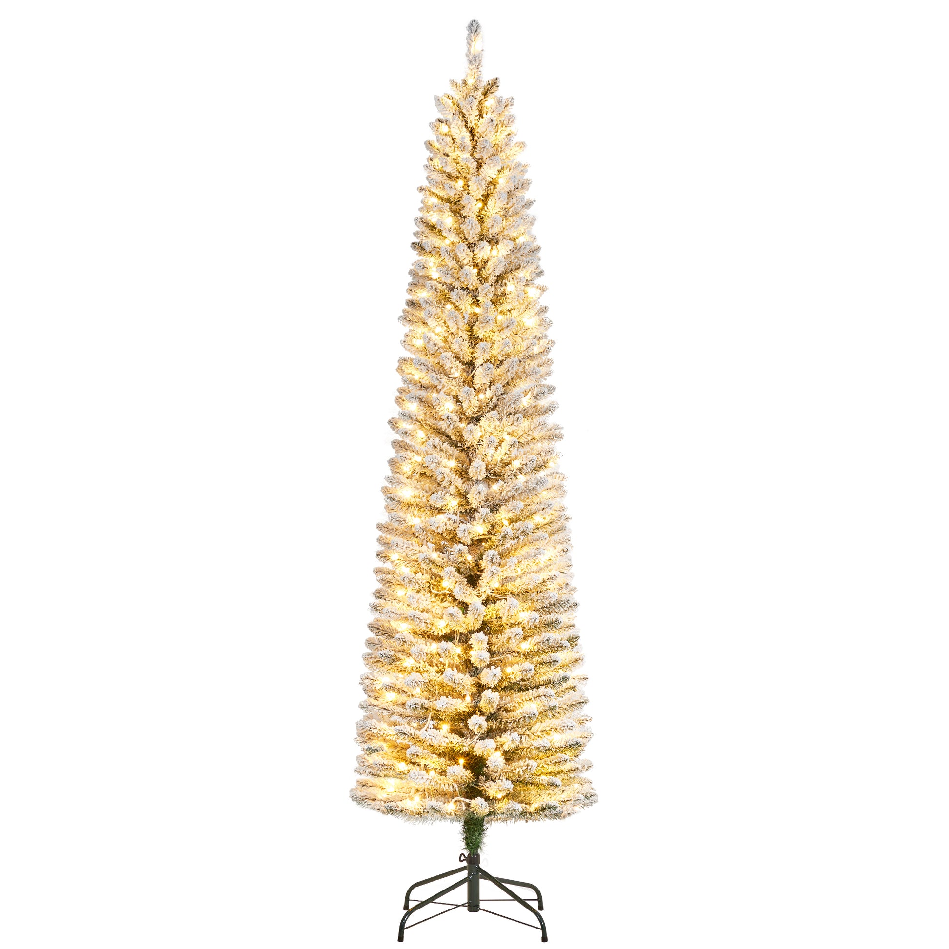 Garvee 7.5ft Flocked Pencil Christmas Tree with Lights, Slim Prelit Artificial Tree, Snowy PVC Branch Tips, Metal Stand, Easy Assembly, Ideal for Apartments & Entryways