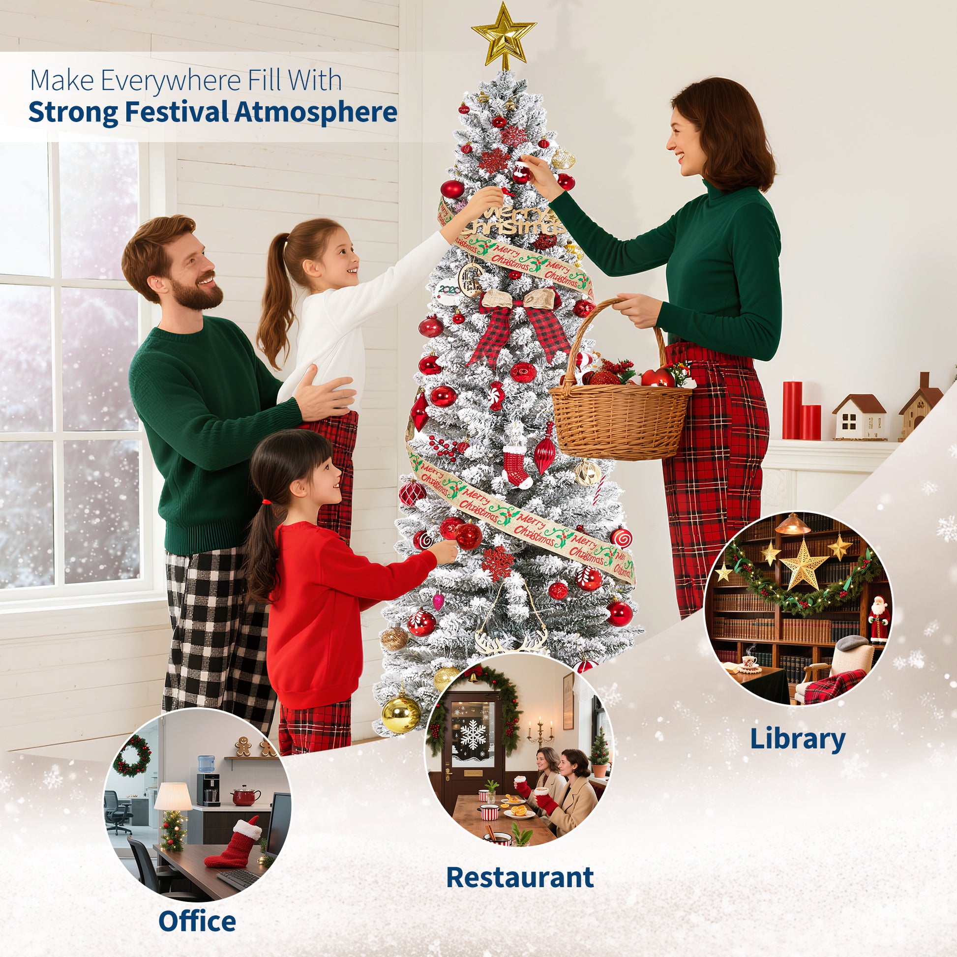 Garvee 7.5ft Flocked Pencil Christmas Tree with Lights, Slim Prelit Artificial Tree, Snowy PVC Branch Tips, Metal Stand, Easy Assembly, Ideal for Apartments & Entryways