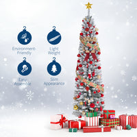 Garvee 6ft Flocked Pencil Christmas Tree with Lights, Slim Prelit Artificial Tree, Snowy PVC Branch Tips, Metal Stand, Easy Assembly, Ideal for Apartments & Entryways