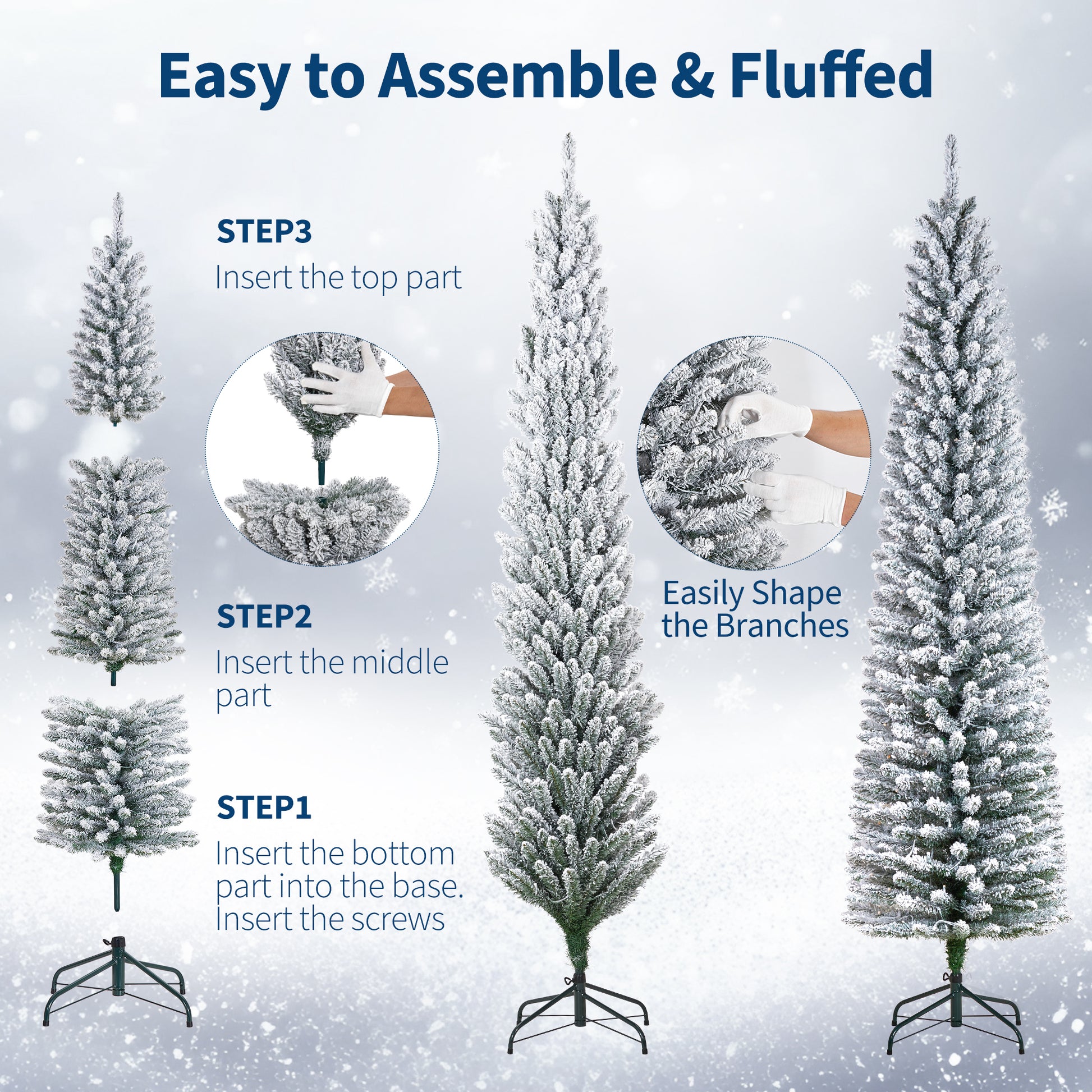 Garvee 6ft Flocked Pencil Christmas Tree with Lights, Slim Prelit Artificial Tree, Snowy PVC Branch Tips, Metal Stand, Easy Assembly, Ideal for Apartments & Entryways