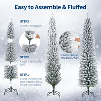 Garvee 6ft Flocked Pencil Christmas Tree with Lights, Slim Prelit Artificial Tree, Snowy PVC Branch Tips, Metal Stand, Easy Assembly, Ideal for Apartments & Entryways