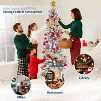 Garvee 6ft Flocked Pencil Christmas Tree with Lights, Slim Prelit Artificial Tree, Snowy PVC Branch Tips, Metal Stand, Easy Assembly, Ideal for Apartments & Entryways