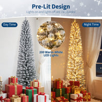Garvee 6ft Flocked Pencil Christmas Tree with Lights, Slim Prelit Artificial Tree, Snowy PVC Branch Tips, Metal Stand, Easy Assembly, Ideal for Apartments & Entryways