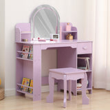 Garvee Kids Vanity with Lighted Mirror, 2 In 1 Little Girls Vanity Table & Stool, Kids Makeup Table with Bookshelf, Drawer & Open Shelves for 3-9 Yrs Girls, Purple - Purple