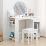 Garvee Kids Vanity with Lighted Mirror & Stool, Little Girls Vanity and Wooden Makeup Playset with Adjustable LED Light, Bookshelf, Storage Drawer & Shelves for Girls 3-9, Pink - White