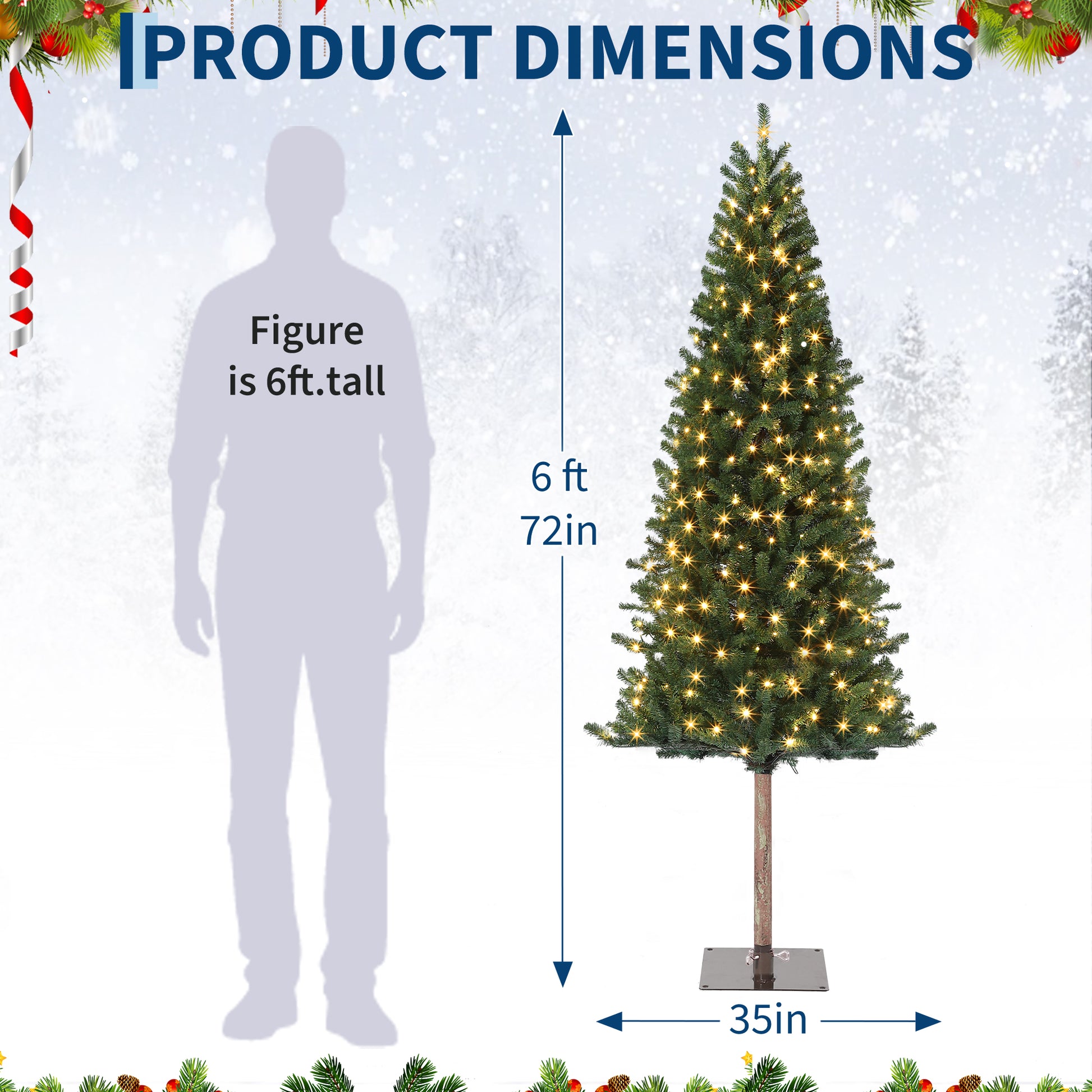 Garvee Pencil Christmas Tree 6ft, Pre-lit Alpine Slim Xmas Tree with Lighted Skinny Décor LED Lights, Metal Stand Holiday Decoration for Home, Office, Outdoor, Party