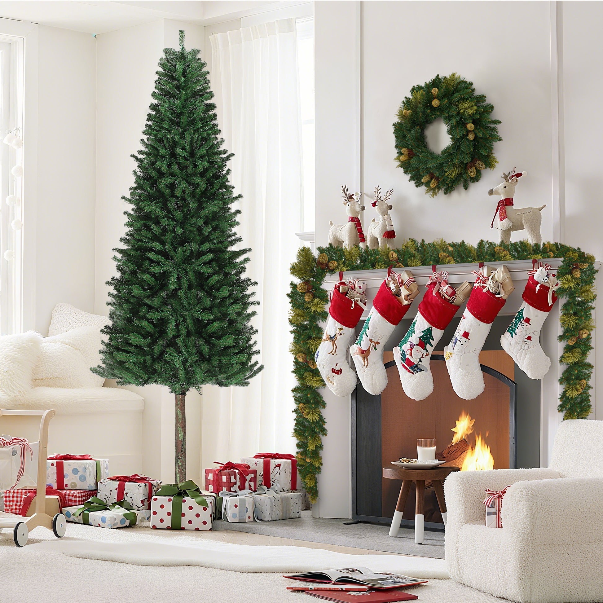 Garvee Pencil Christmas Tree 6ft, Pre-lit Alpine Slim Xmas Tree with Lighted Skinny Décor LED Lights, Metal Stand Holiday Decoration for Home, Office, Outdoor, Party