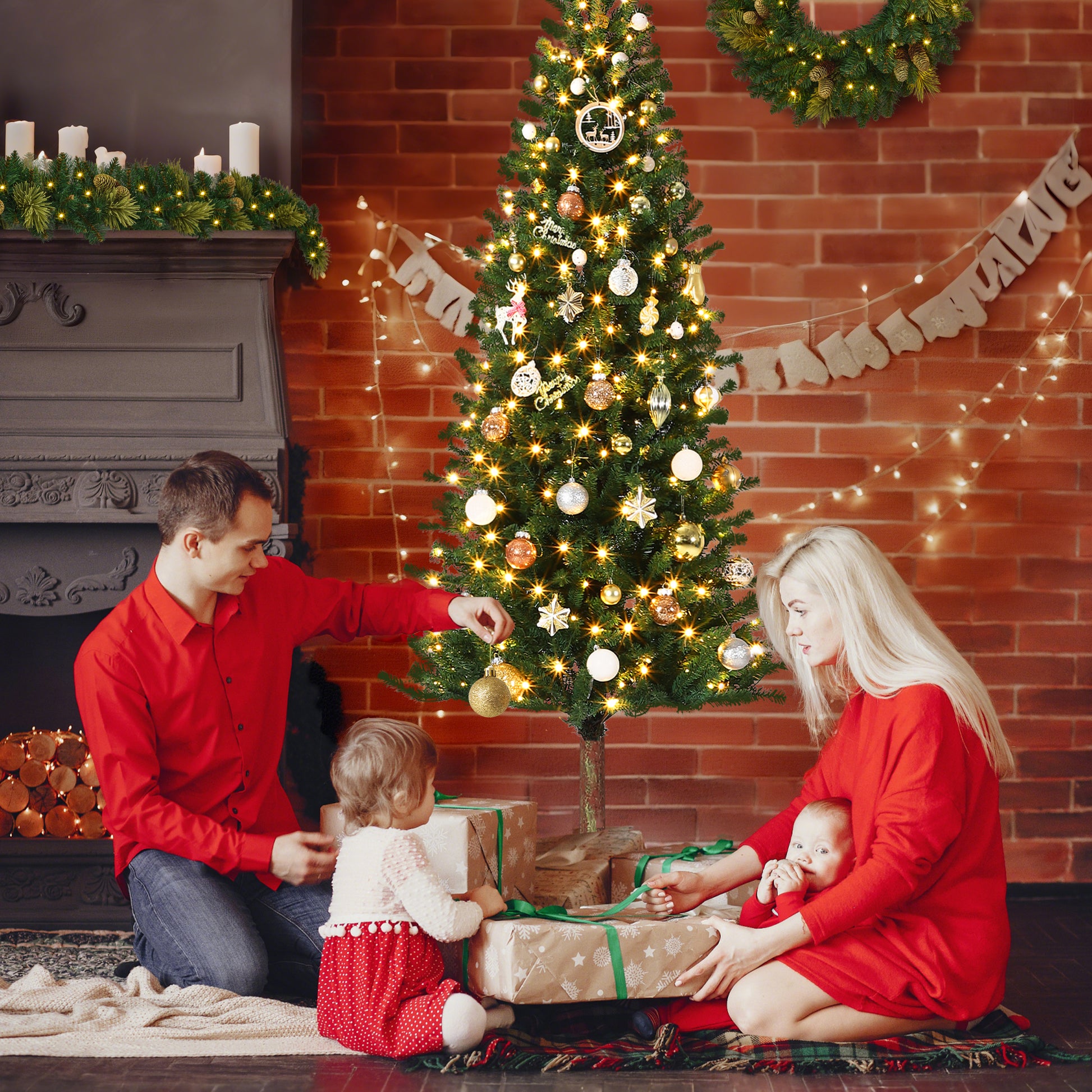 Garvee Pencil Christmas Tree 6ft, Pre-lit Alpine Slim Xmas Tree with Lighted Skinny Décor LED Lights, Metal Stand Holiday Decoration for Home, Office, Outdoor, Party