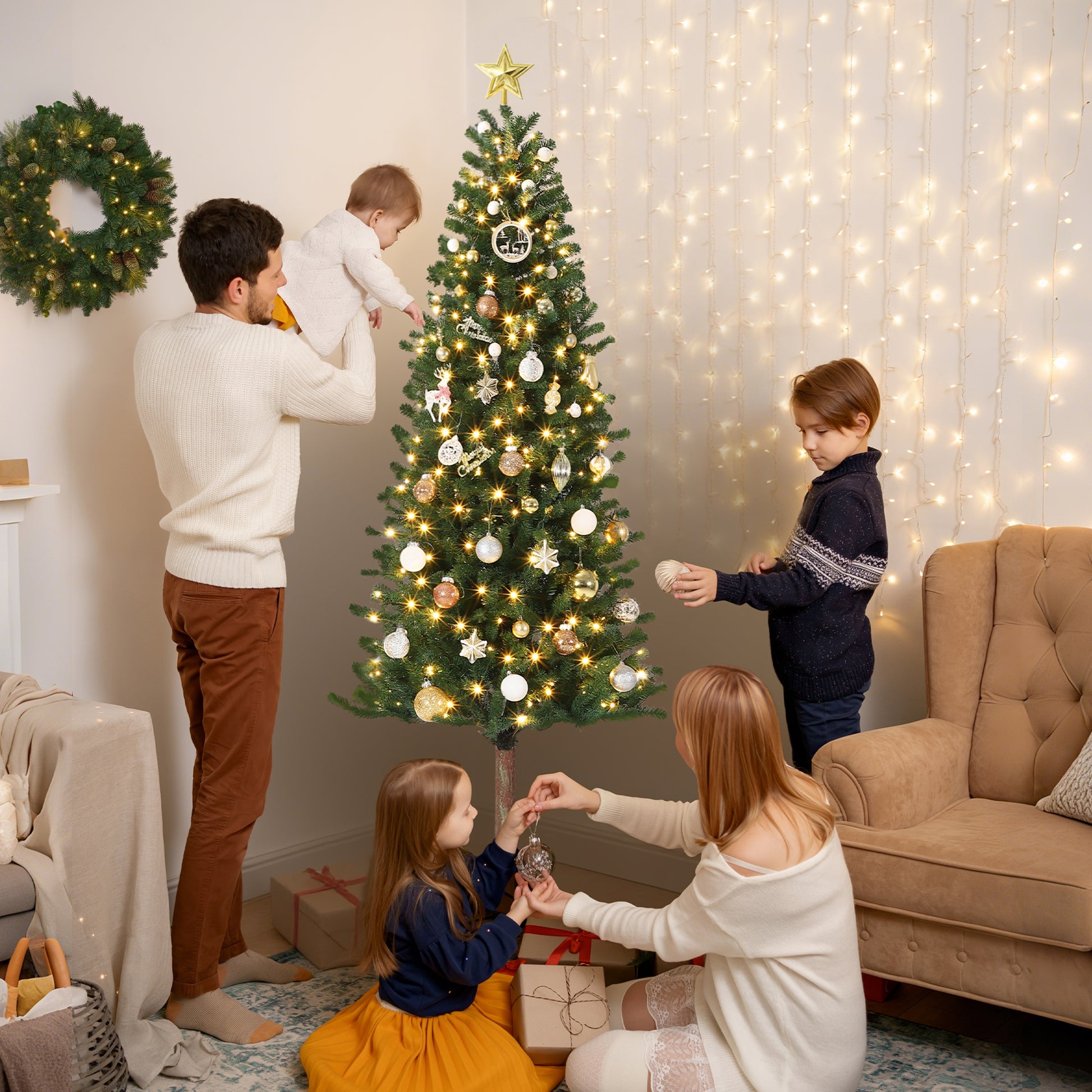 Garvee Pencil Christmas Tree 6ft, Pre-lit Alpine Slim Xmas Tree with Lighted Skinny Décor LED Lights, Metal Stand Holiday Decoration for Home, Office, Outdoor, Party