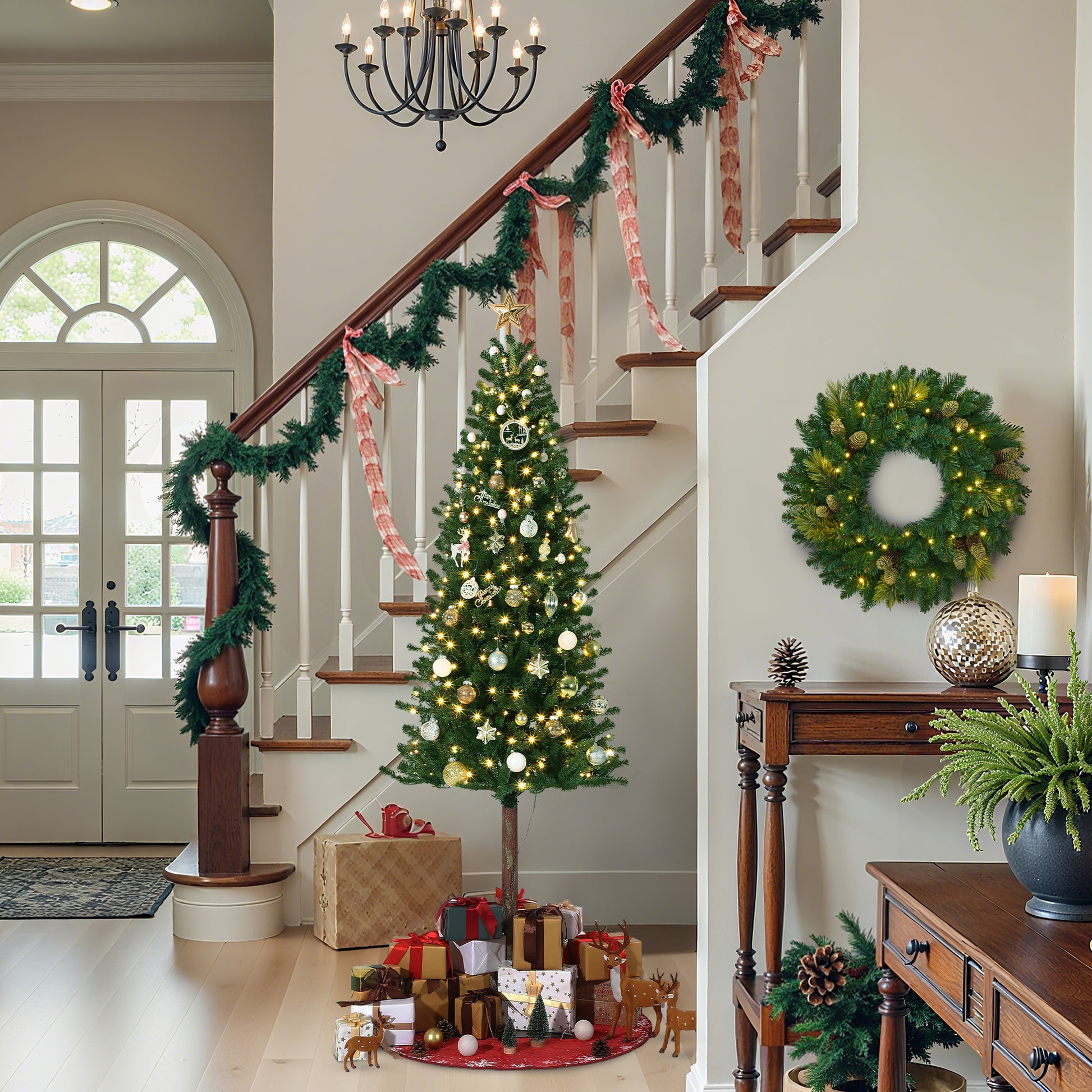 Garvee 7.5ft Pencil Christmas Tree, Pre-lit Alpine Slim Xmas Tree with Lighted Skinny Décor LED Lights, Metal Stand Holiday Decoration for Home, Office, Outdoor, Party