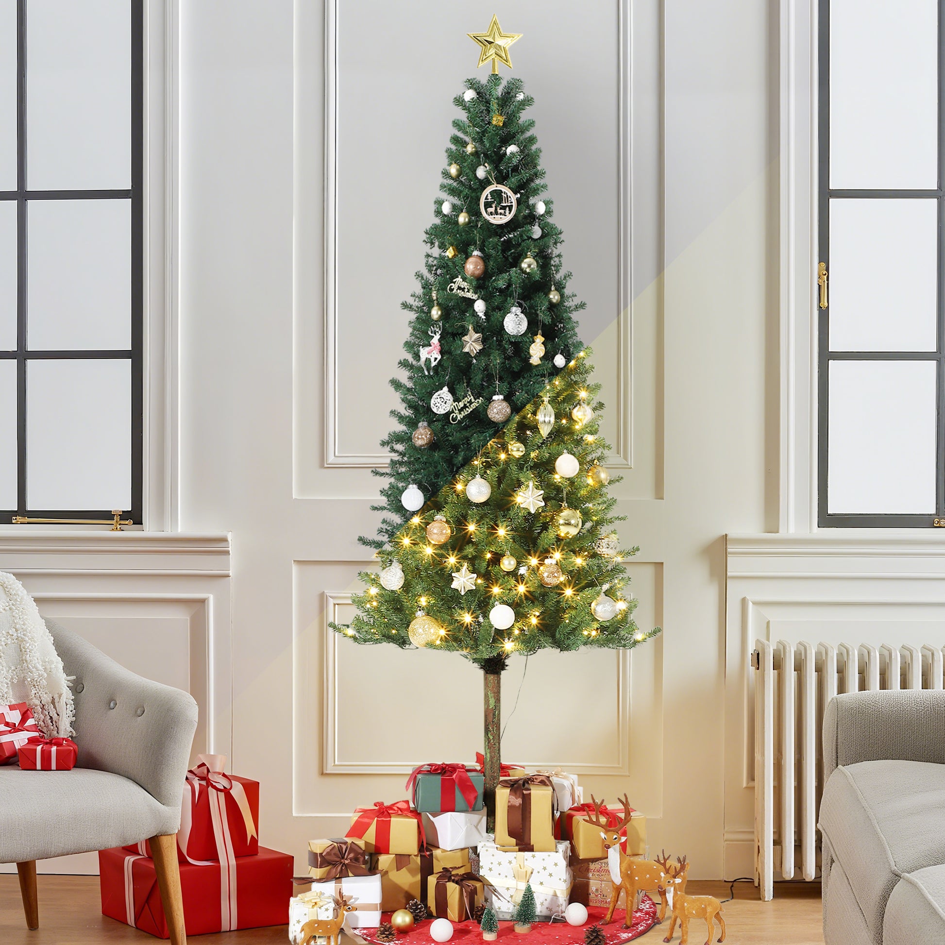 Garvee Pencil Christmas Tree 6ft, Pre-lit Alpine Slim Xmas Tree with Lighted Skinny Décor LED Lights, Metal Stand Holiday Decoration for Home, Office, Outdoor, Party