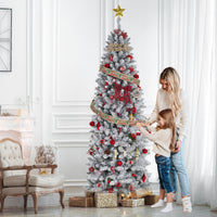 Garvee 7.5ft Pre-lit Artificial Christmas Tree, Snow-Flocked Pencil Xmas Tree with Warm White Lights, Snowy PVC Branch Tips, Seasonal Decoration Tree for Home Office