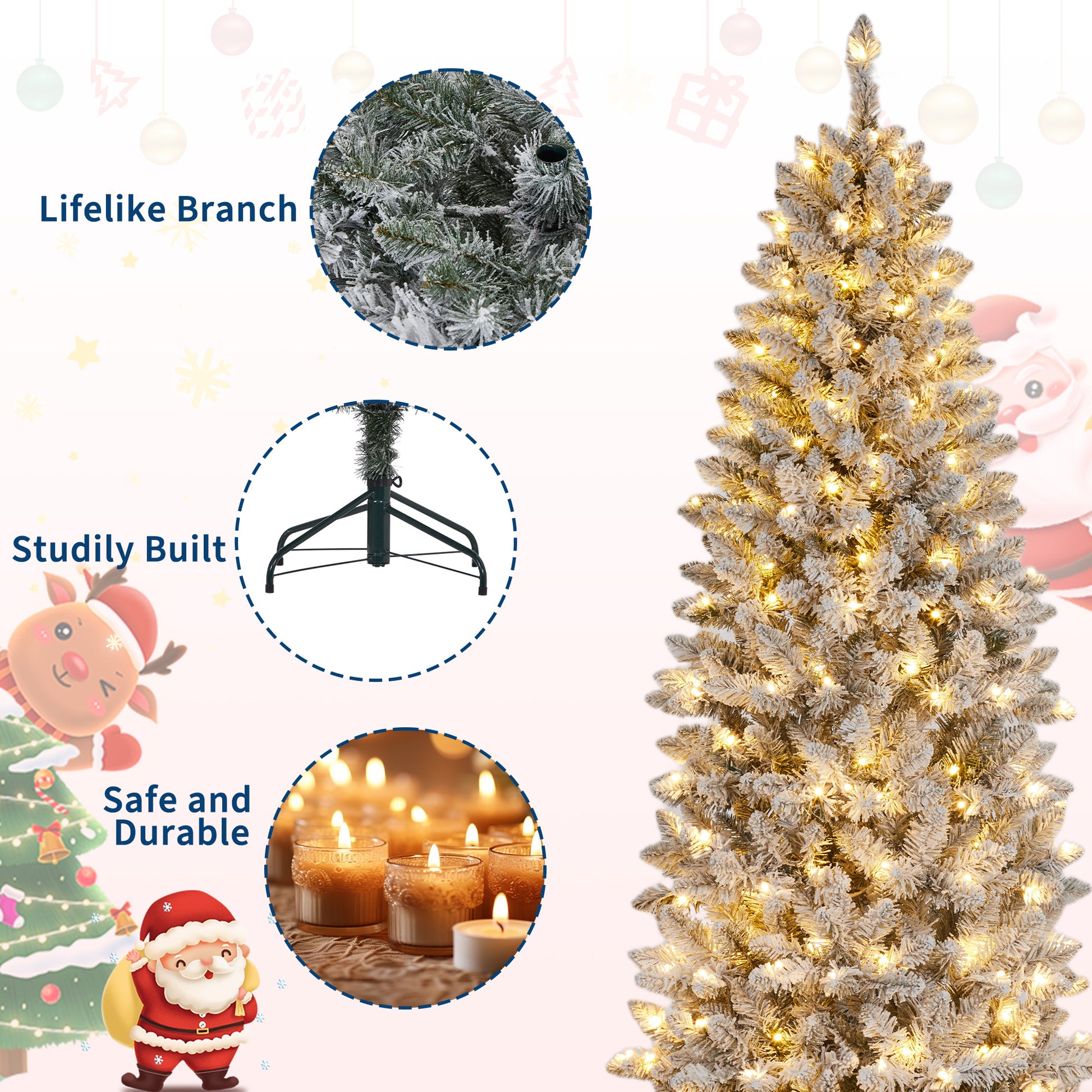Garvee 7.5ft Pre-lit Artificial Christmas Tree, Snow-Flocked Pencil Xmas Tree with Warm White Lights, Snowy PVC Branch Tips, Seasonal Decoration Tree for Home Office