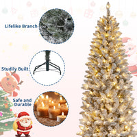 Garvee 7.5ft Pre-lit Artificial Christmas Tree, Snow-Flocked Pencil Xmas Tree with Warm White Lights, Snowy PVC Branch Tips, Seasonal Decoration Tree for Home Office